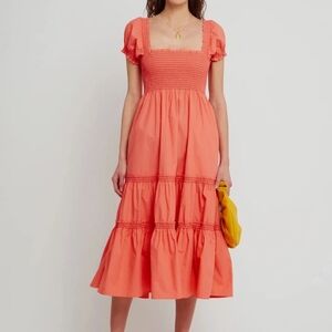 Coral Square Neck Smocked Bodice, Puffed Sleeves Midi Dress O.P.T.